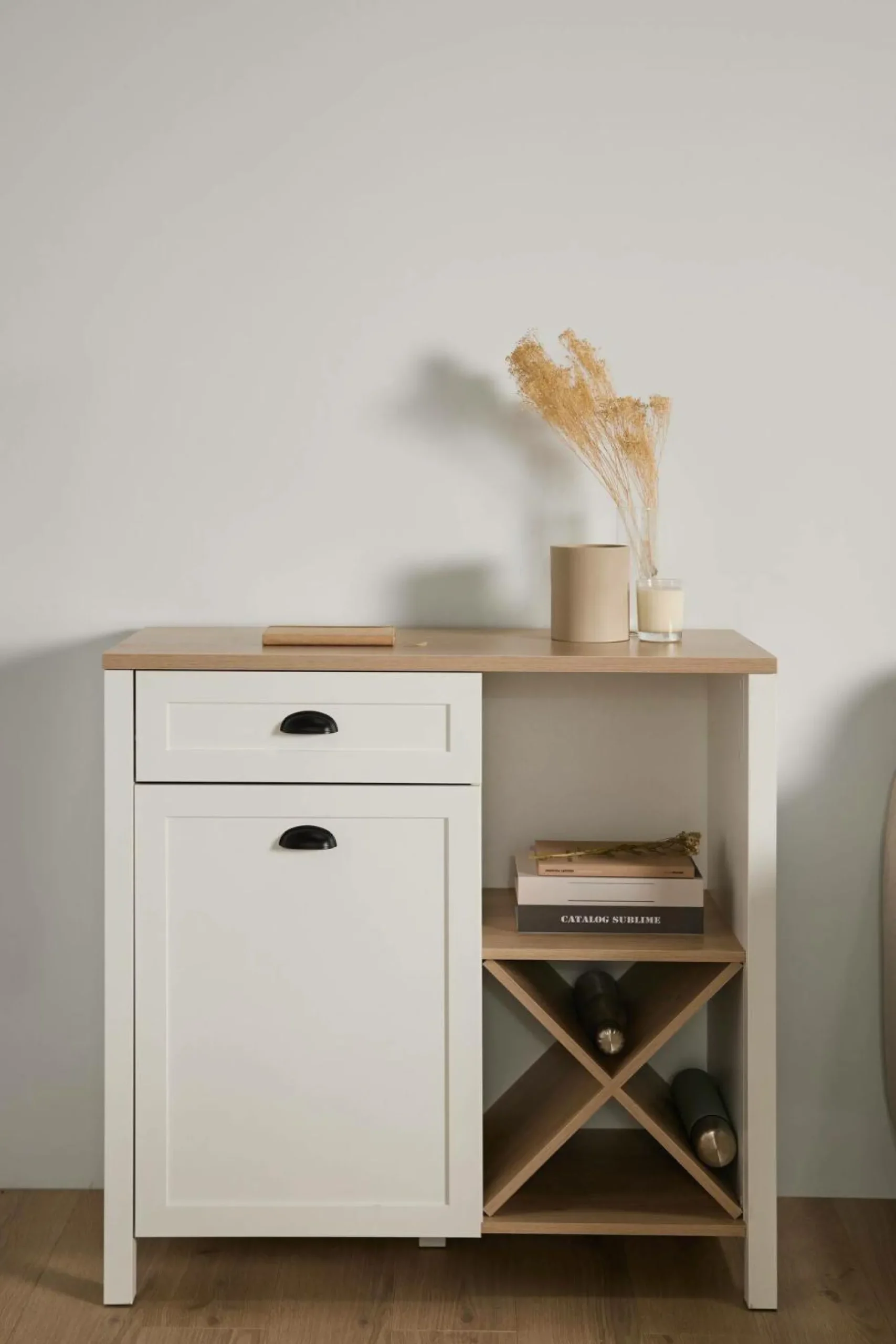 Camif Buffets>Buffet bas blanc et décor bois 1 porte 1 tiroir Pivoine