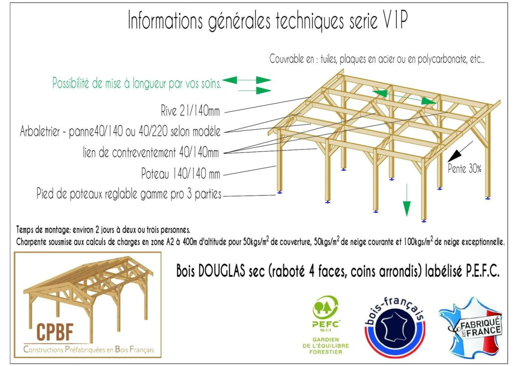 Camif Carports Et Pergola>CPBF-CHARPENTES Abri une Pente pour Voiture Provence en Bois - 450 x 650 cm